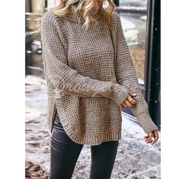 Waffle Knit Khaki Long Sleeve Sweater Turtleneck - Picture 4 of 7